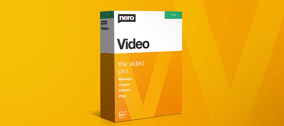 Boxshot of Nero Video. The background is solid yellow color, with a large V-letter at the right.